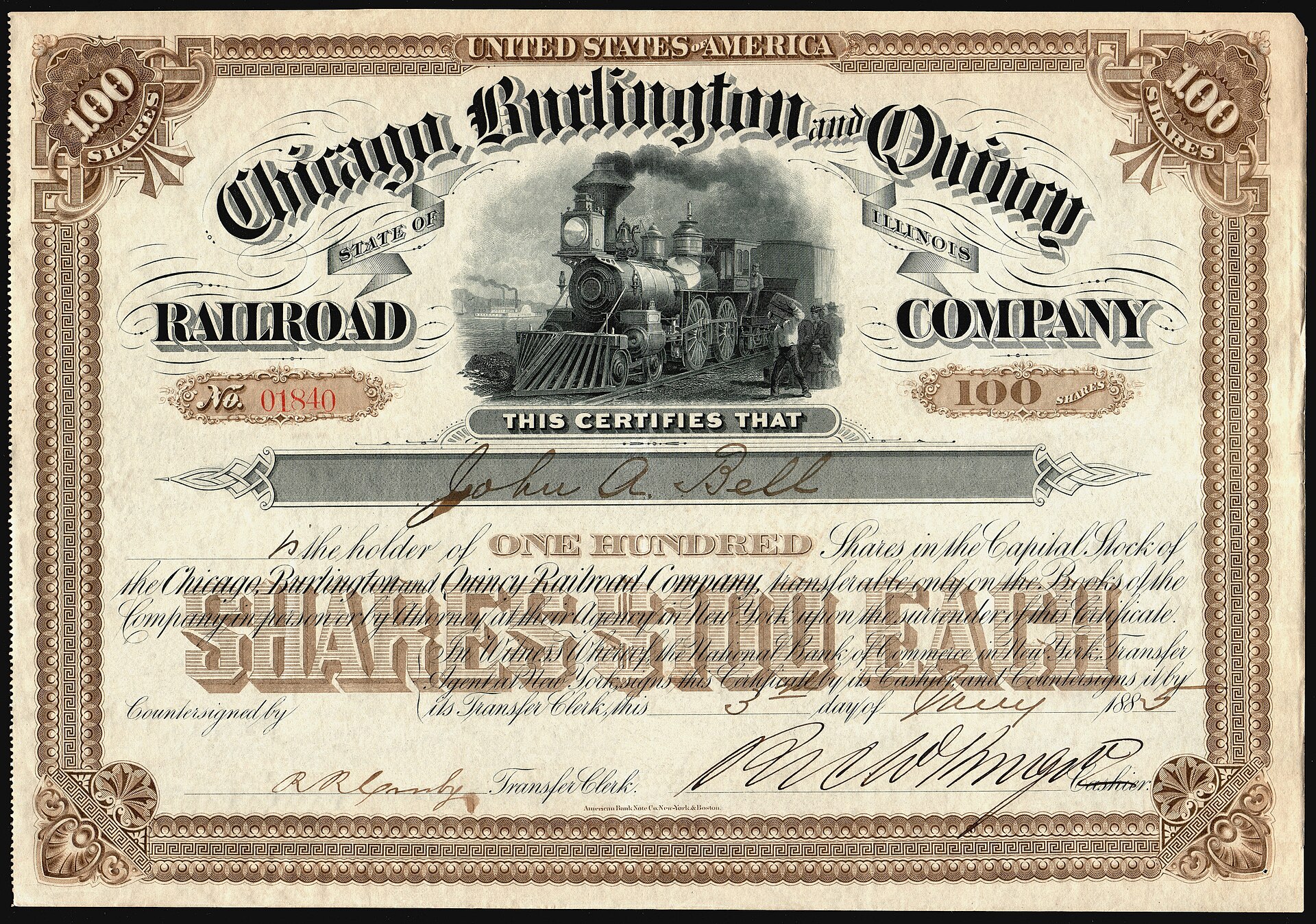 1885 stock certificate of the Chicago, Burlington and Quincy Railroad, with an engraved border and share text.